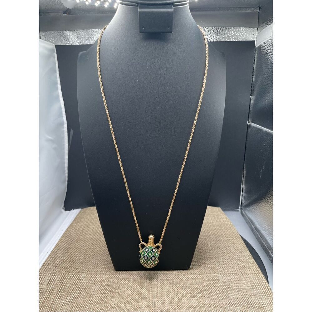 Vintage Jewelry Gorgeous Avon Green Enamel and Rhinestone Jug Necklace